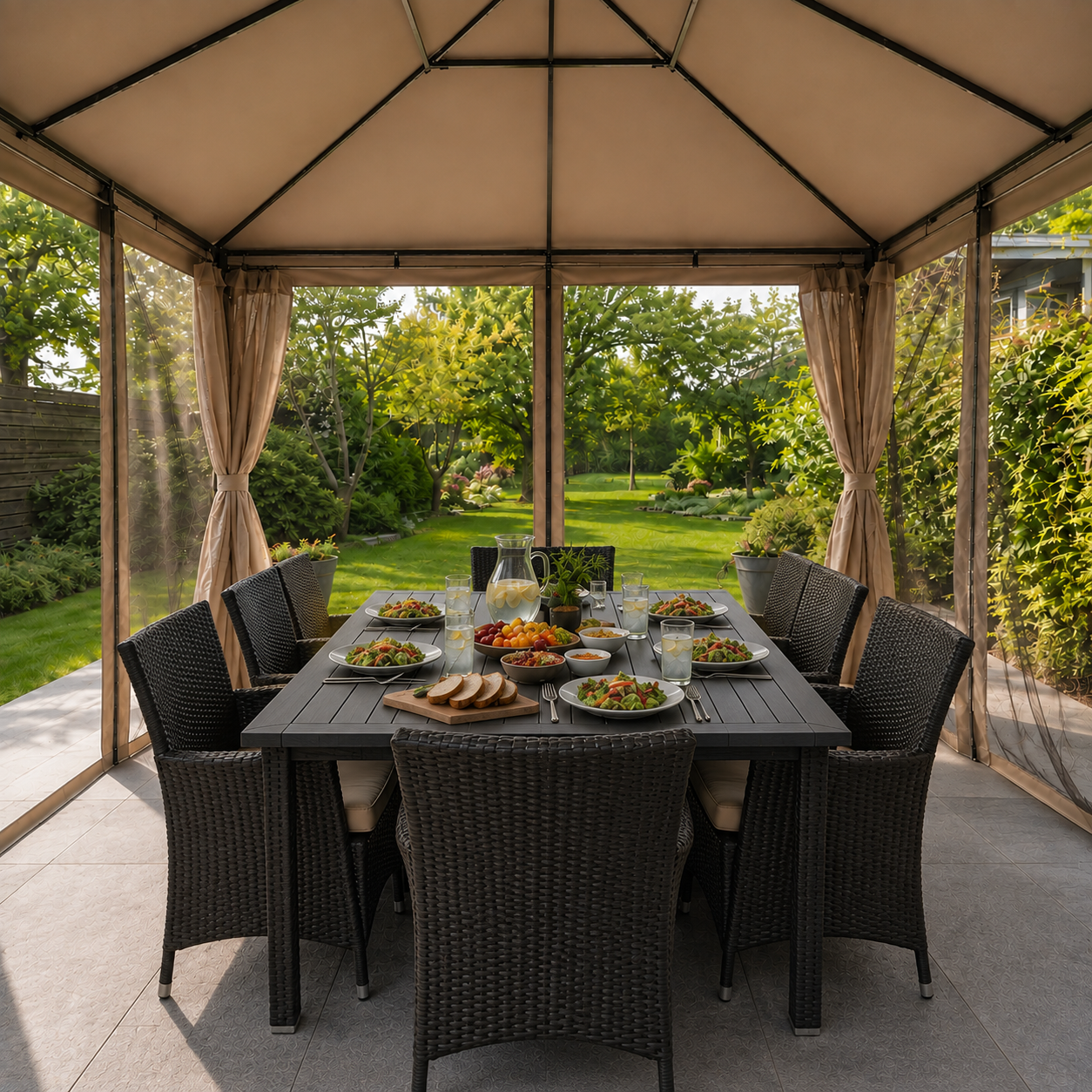 Six people's places set at a dining table under a PAVEA Haven gazebo, mosquito mesh zipped closed around the garden