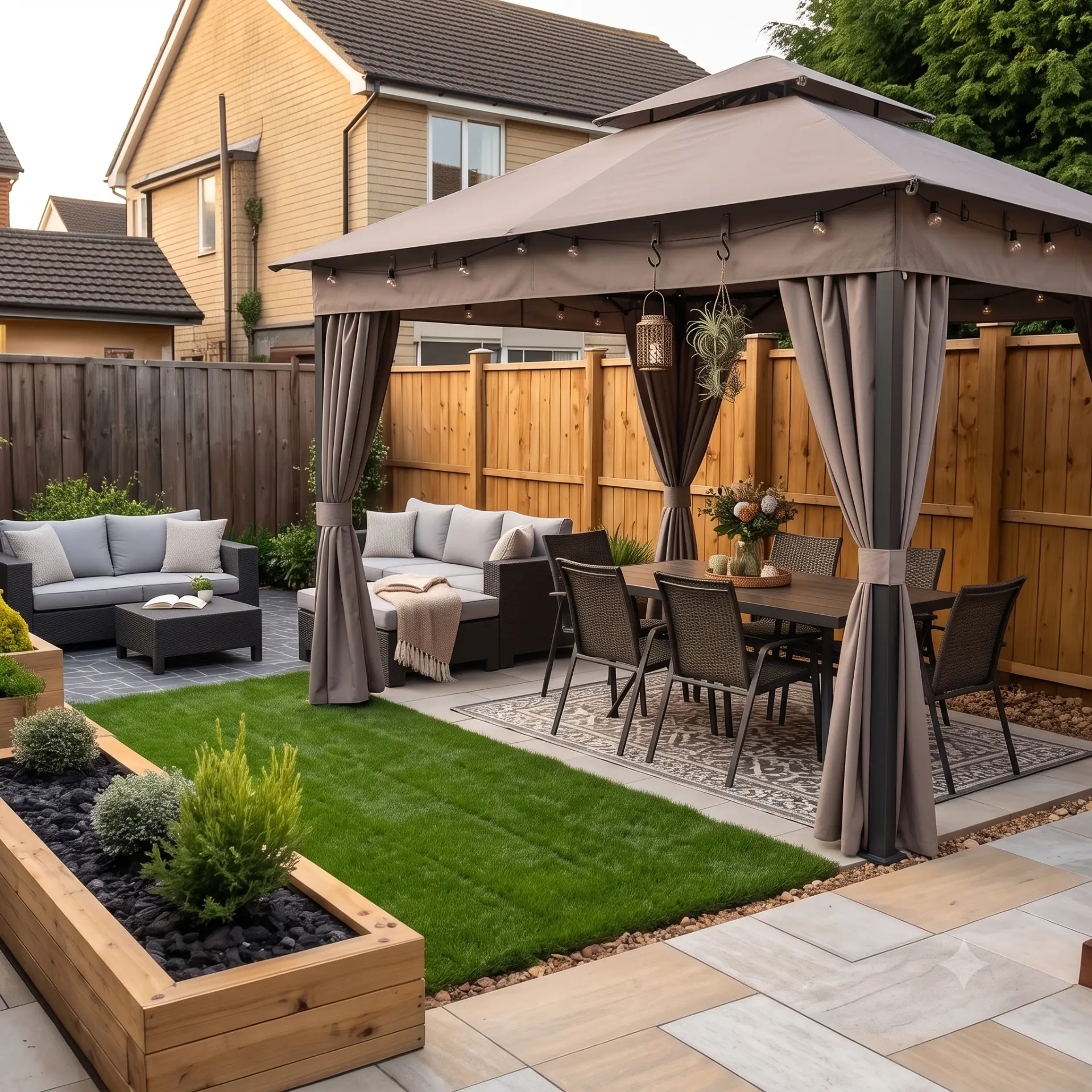 PAVEA Haven gazebo with curtains and string lights over a dining set in a compact suburban back garden