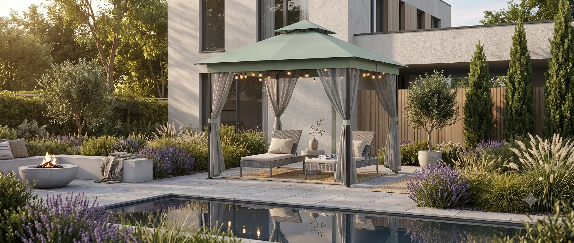 A PAVEA Haven 3M gazebo lit at dusk, used as an outdoor room